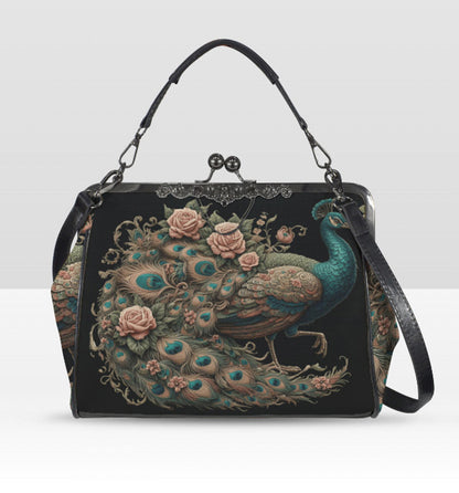 Dark Victorian Gothic Floral Roses Peacock Shoulder Cross Body Bag Satchel Kisslock