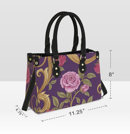 Victorian Purple Lavender Roses Gold Shoulder, Hand Bag, Satchel Floral Medium Terrific Trend