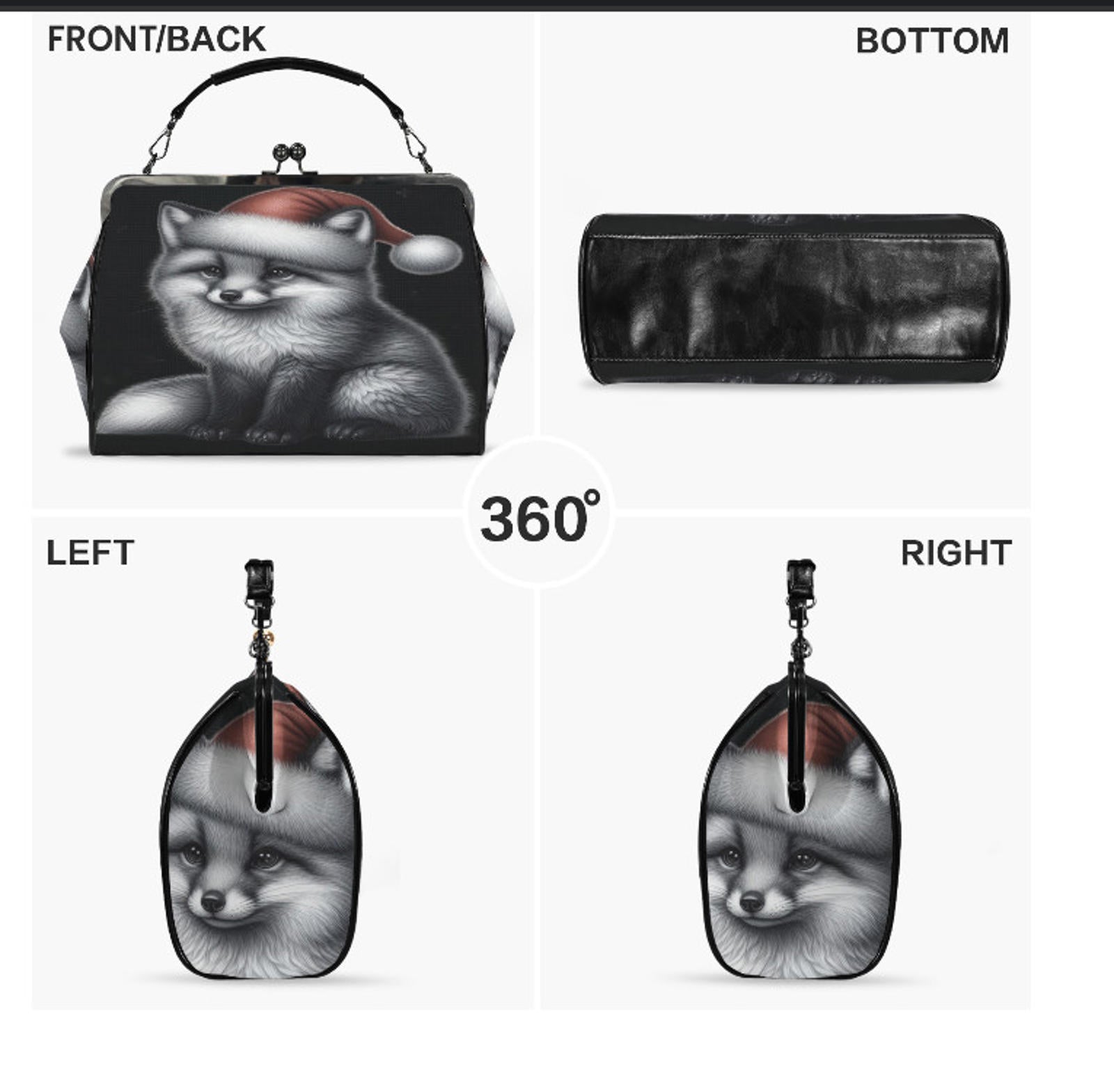Gothic Christmas Fox Santa Hat Hand Shoulder Cross Body Bag Satchel 9 x 13 Gift Kisslock