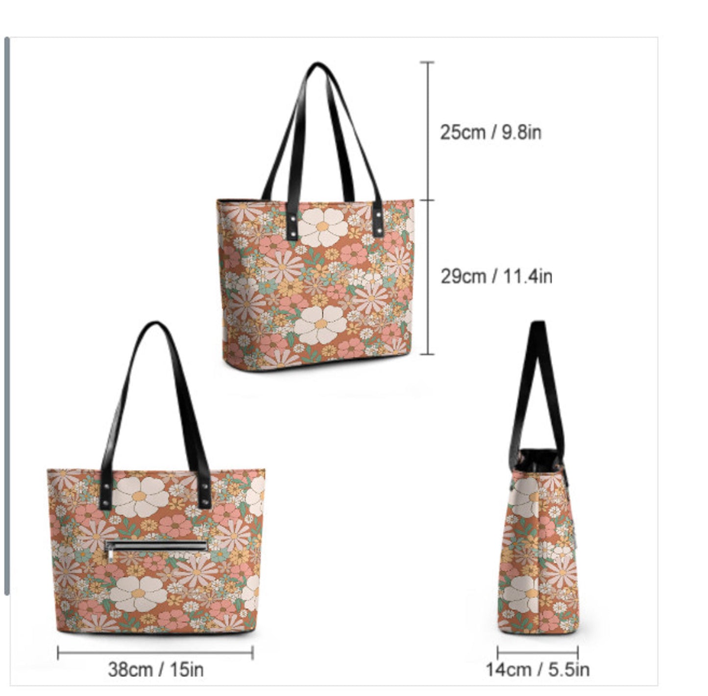Custom Tote Hand Shoulder Bag 12 X 15 Spring Bohemian Boho Peach Orange Floral Terrifictrend