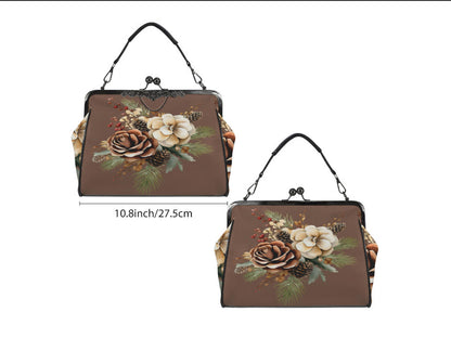 Winter Bown Beige Holiday Flowers Shoulder Cross Body Bag Satchel Christmas Gift Kisslock