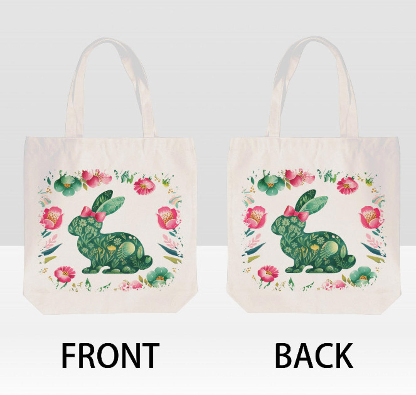 Easter Bunny Rabbit Green  Spring Flowers Canvas Shoulder Tote Bag 15" X 15" TerrificTrend