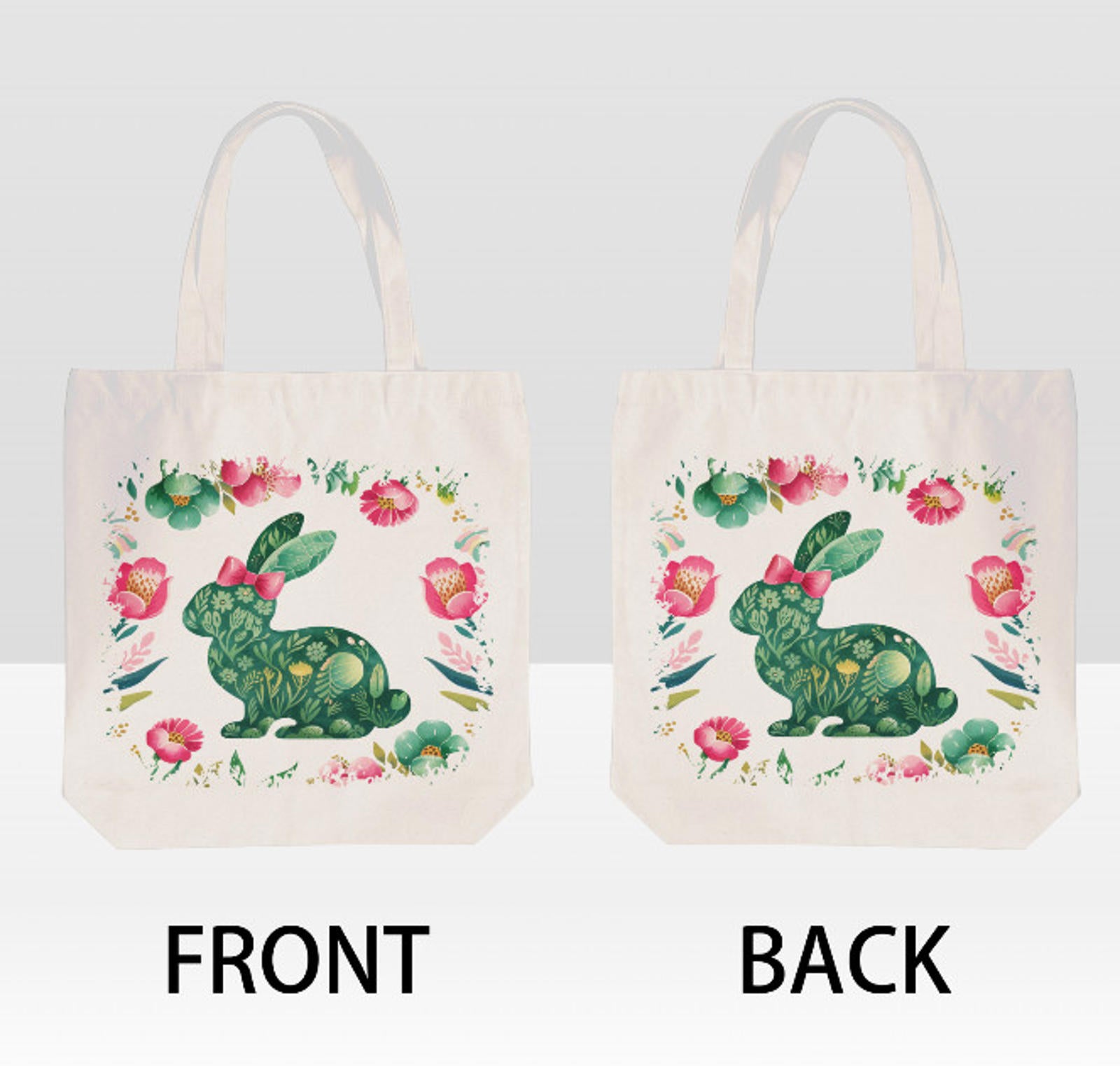 Easter Bunny Rabbit Green  Spring Flowers Canvas Shoulder Tote Bag 15" X 15" TerrificTrend