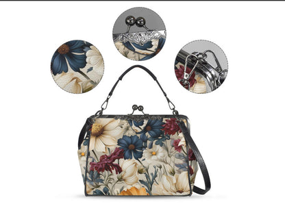 Winter Blue Burgundy Cream Flowers Shoulder Cross Body Bag Satchel Holiday Gift Kisslock
