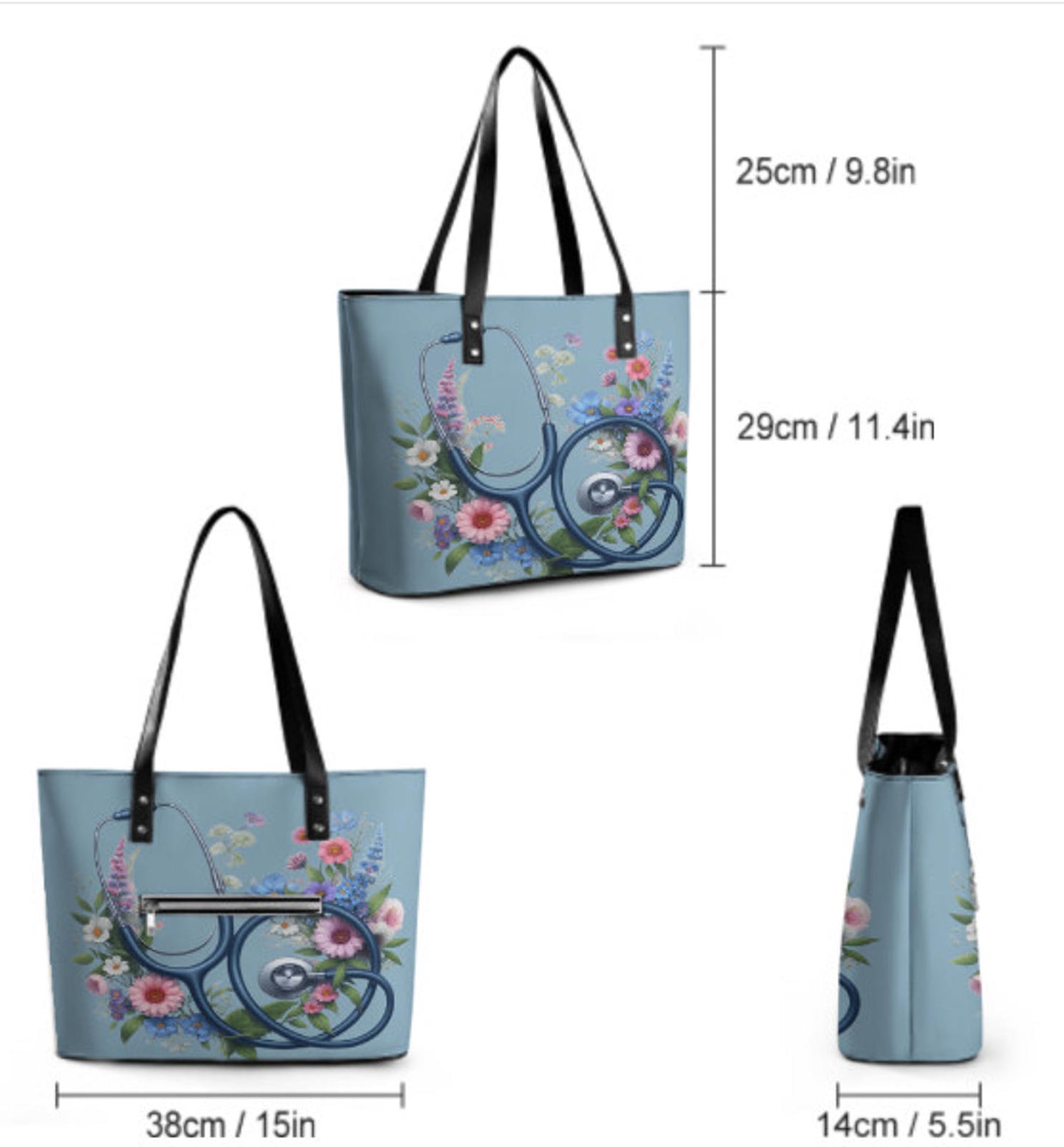 Custom Tote Hand Shoulder Bag 12 X 15 Blue Floral Nurse Doctor Holiday Gift  NEW Terrifictrend