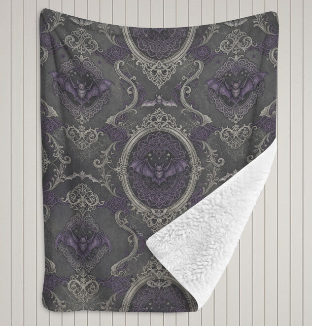 Sherpa Fleece Blanket 40" x 50" Home Decor Throw Victorian Gothic Purple Bats Terrific Trend