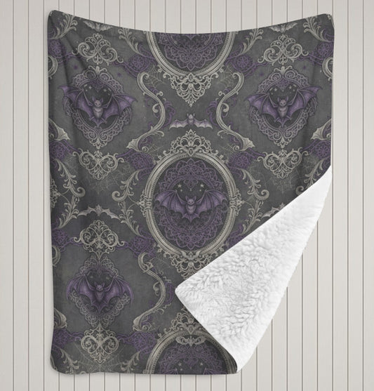 Sherpa Fleece Blanket 40" x 50" Home Decor Throw Victorian Gothic Purple Bats Terrific Trend