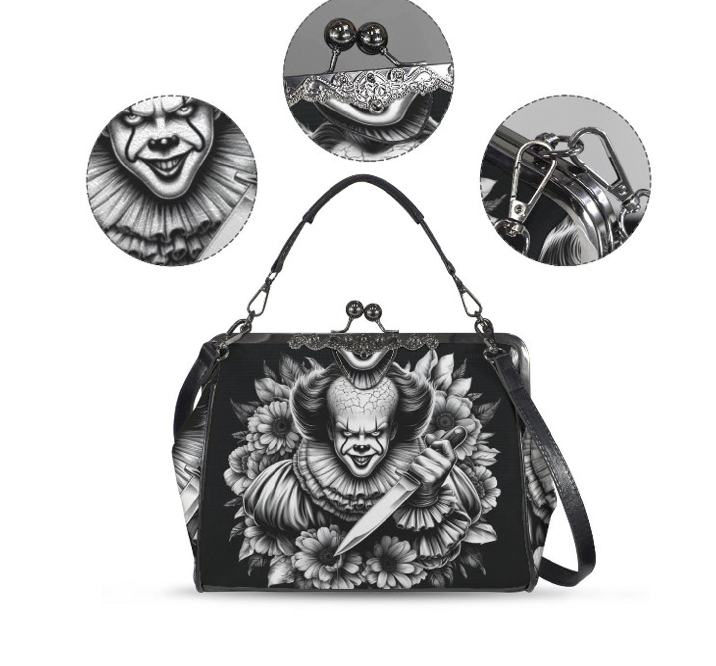 Stephen King IT Clown Halloween Floral Shoulder Cross Body Bag Satchel NEW Kisslock
