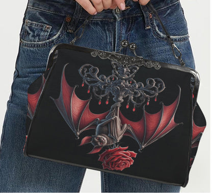 Dark Victorian Gothic Bat Red Rose Chandelier Shoulder Cross Body Bag Satchel Kisslock