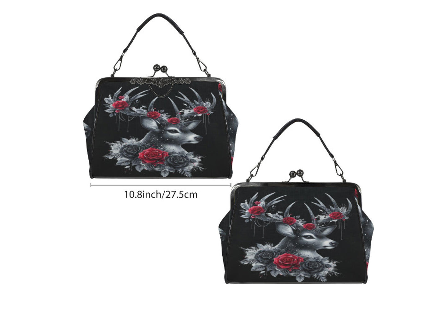 Gothic Victorian Deer Red Black Roses  Holiday Shoulder Cross Body Bag Satchel Kisslock