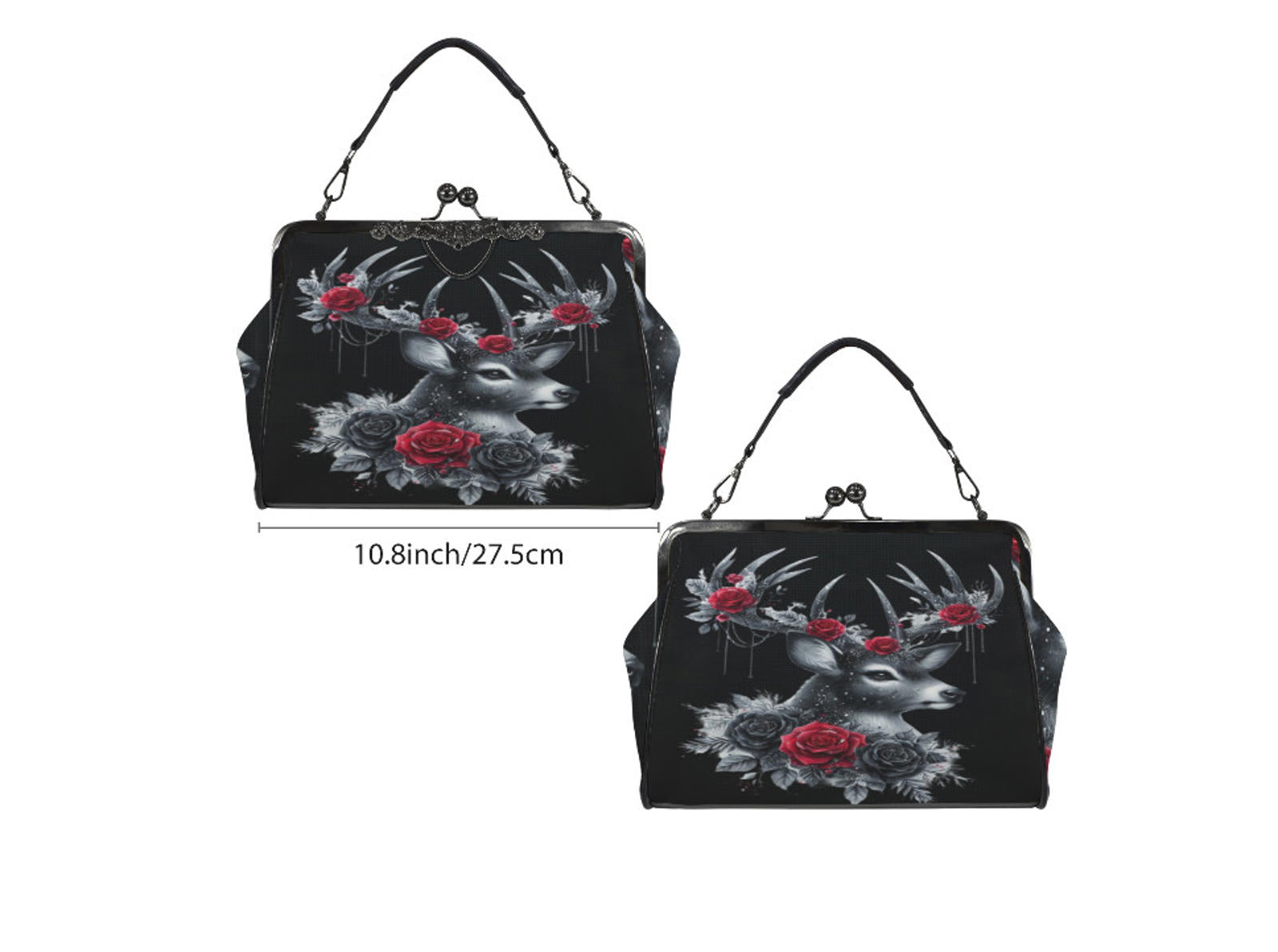 Gothic Victorian Deer Red Black Roses  Holiday Shoulder Cross Body Bag Satchel Kisslock
