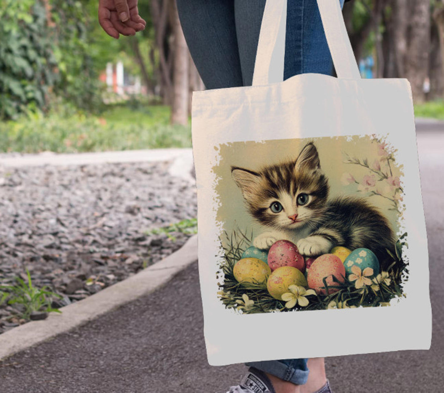 Vintage Easter Kitten Eggs Spring Flowers Canvas Shoulder Tote Bag 15" X 15" TerrificTrend