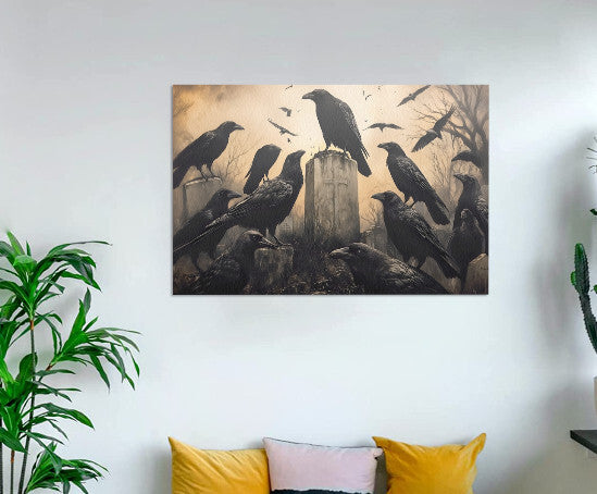 Wall Decor Framed 18X12 Canvas Art Print Crows Ravens Tombstone Spooky Halloween Home Decor