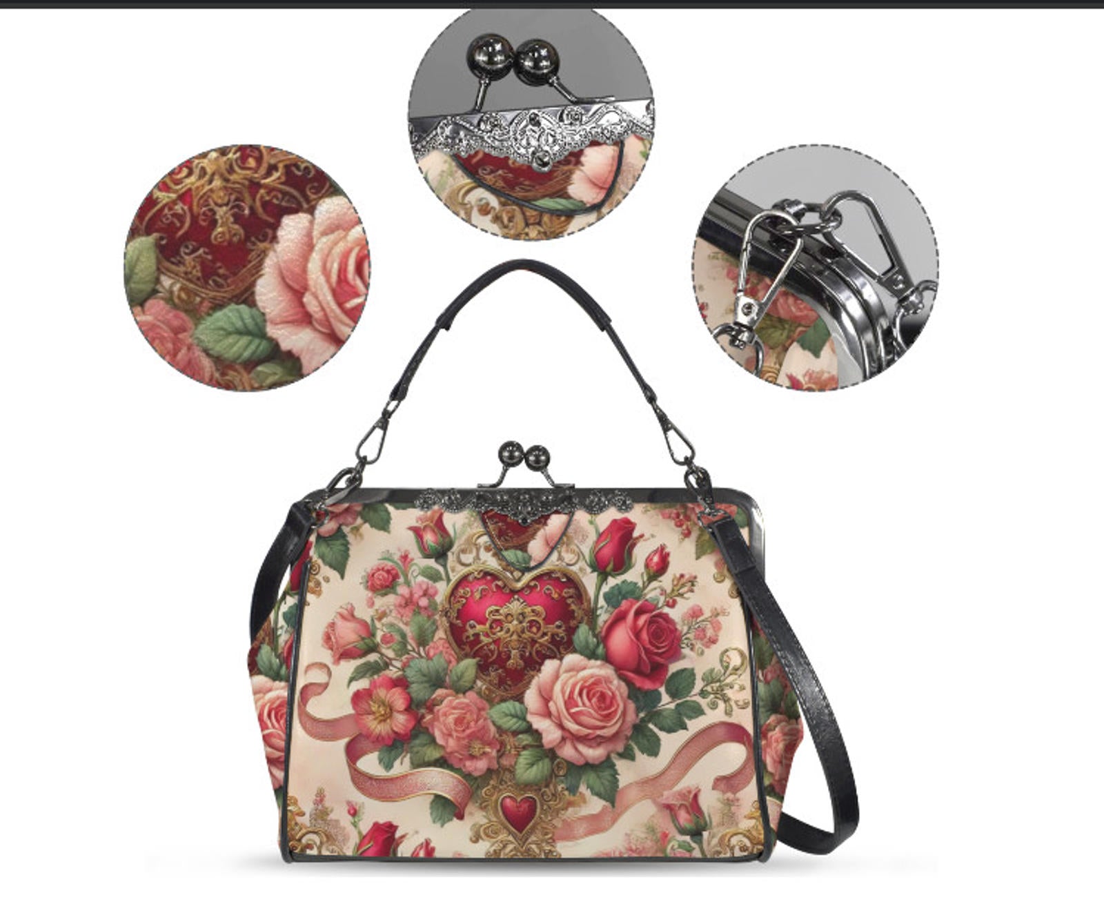 Victorian Heart Valentine's Day Red Rose  Shoulder Cross Body Hand Bag Satchel Kisslock