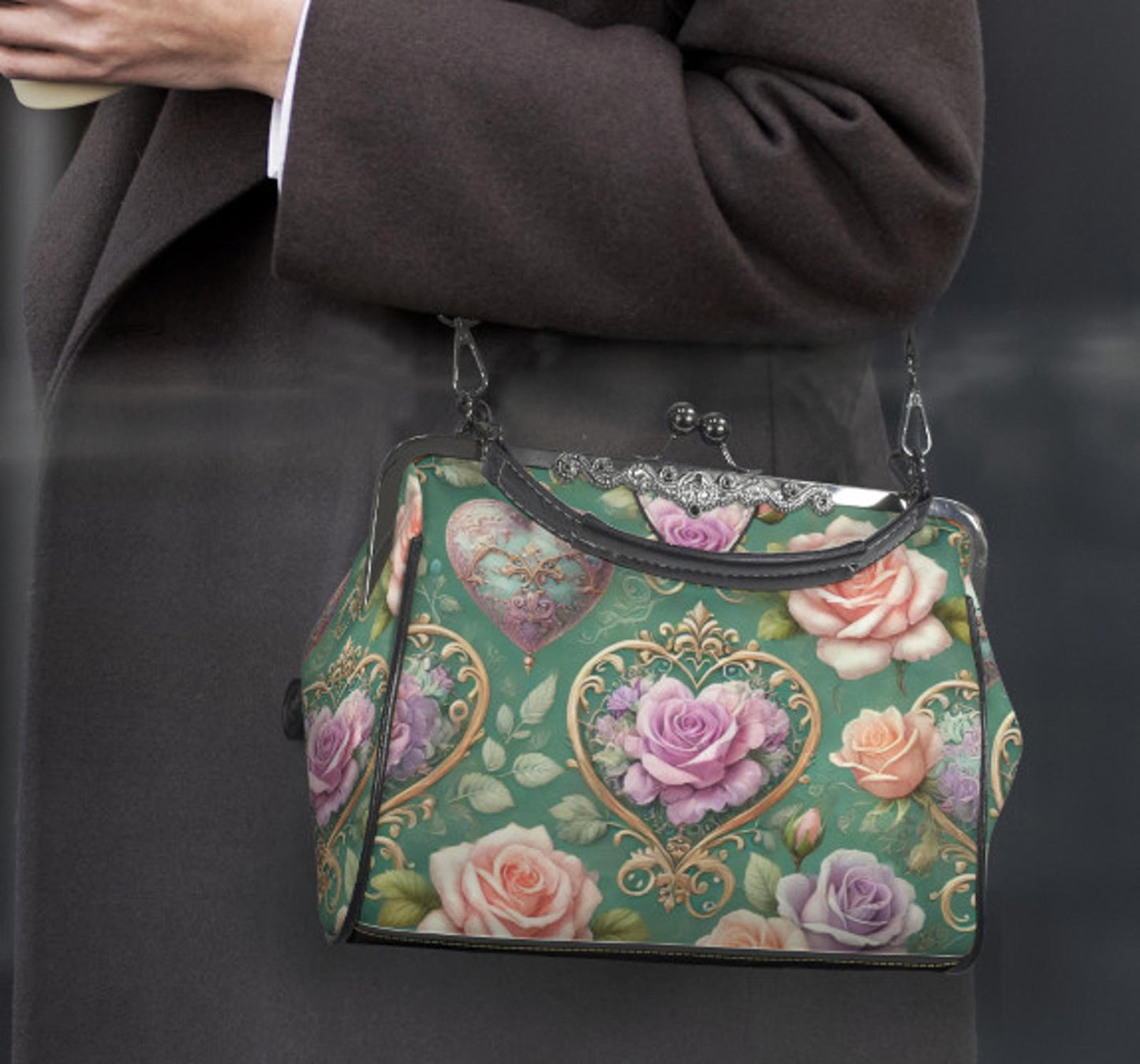 Victorian Vintage Valentine Pastel Rose  Shoulder Cross Body Hand Bag Satchel Kisslock