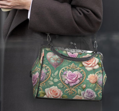 Victorian Vintage Valentine Pastel Rose  Shoulder Cross Body Hand Bag Satchel Kisslock