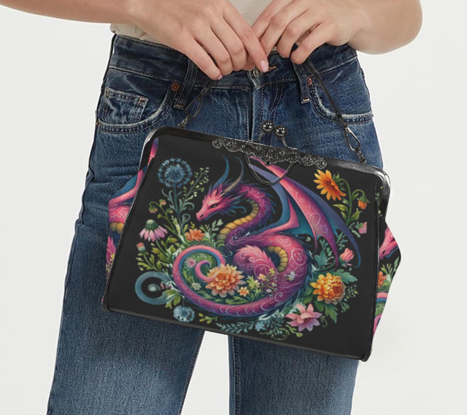 Gothic Mystical Floral Dragon Spring Colors Shoulder Cross Body Bag Satchel Kisslock