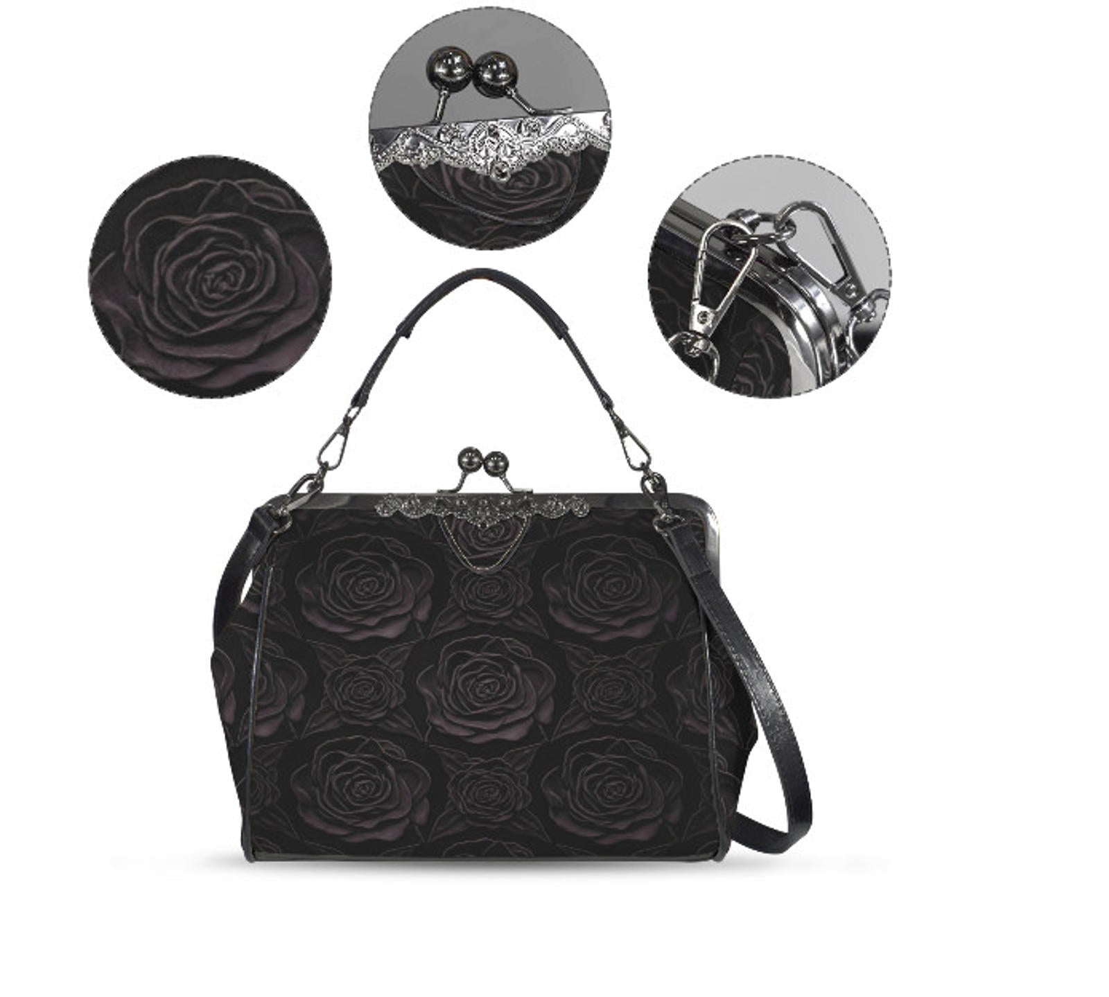 Victorian Vintage Gothic Black Rose Shoulder Cross Body Hand Bag Satchel Kisslock