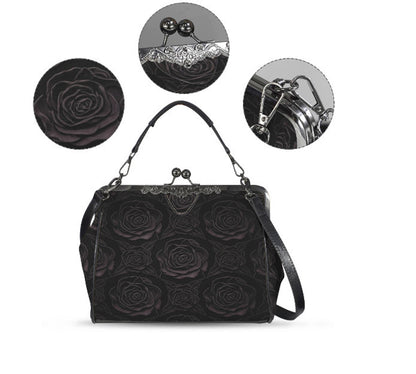 Victorian Vintage Gothic Black Rose Shoulder Cross Body Hand Bag Satchel Kisslock