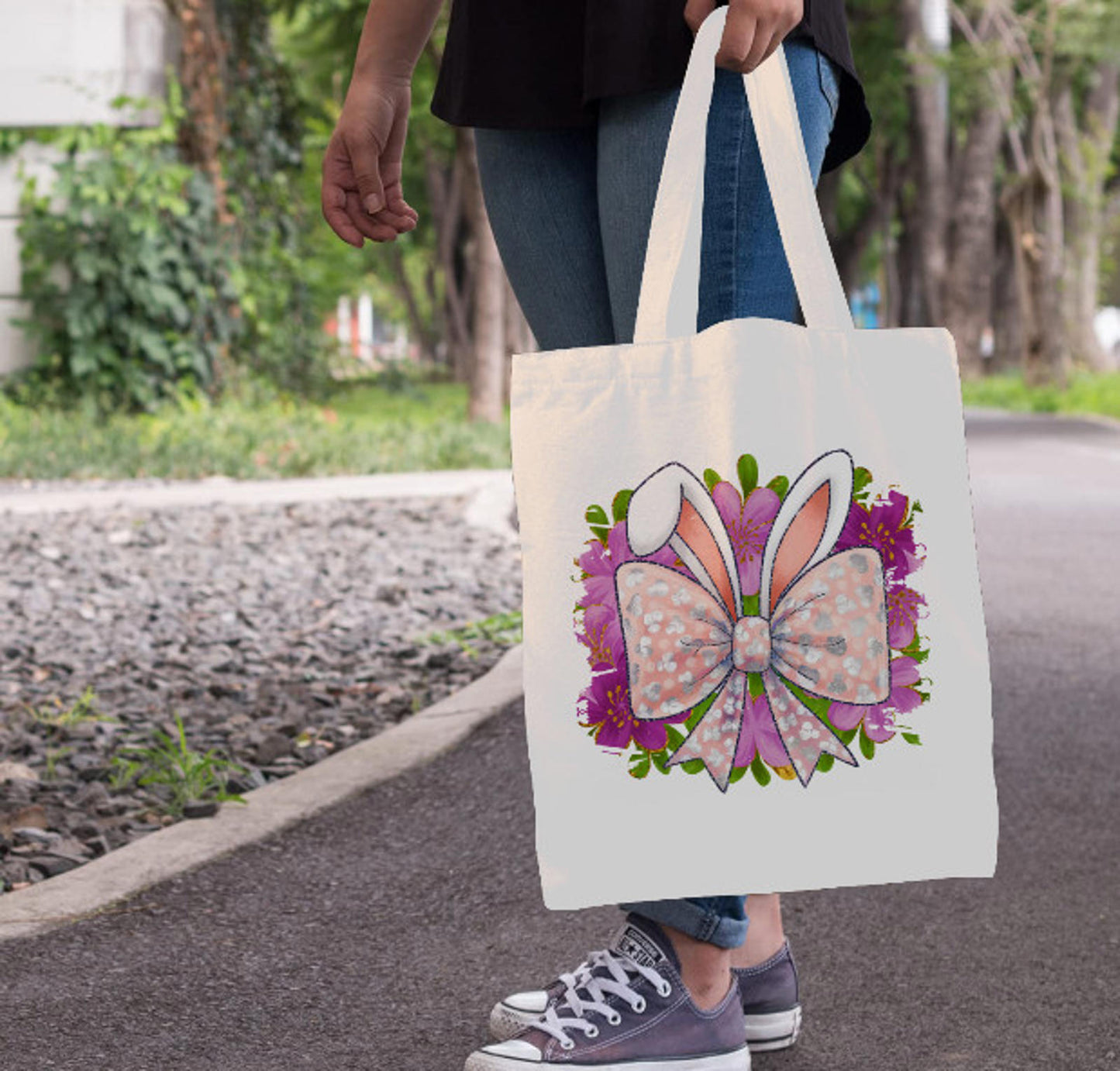Easter Bunny Rabbit Ears Bow  Spring Flowers Canvas Shoulder Tote Bag 15" X 15" TerrificTrend