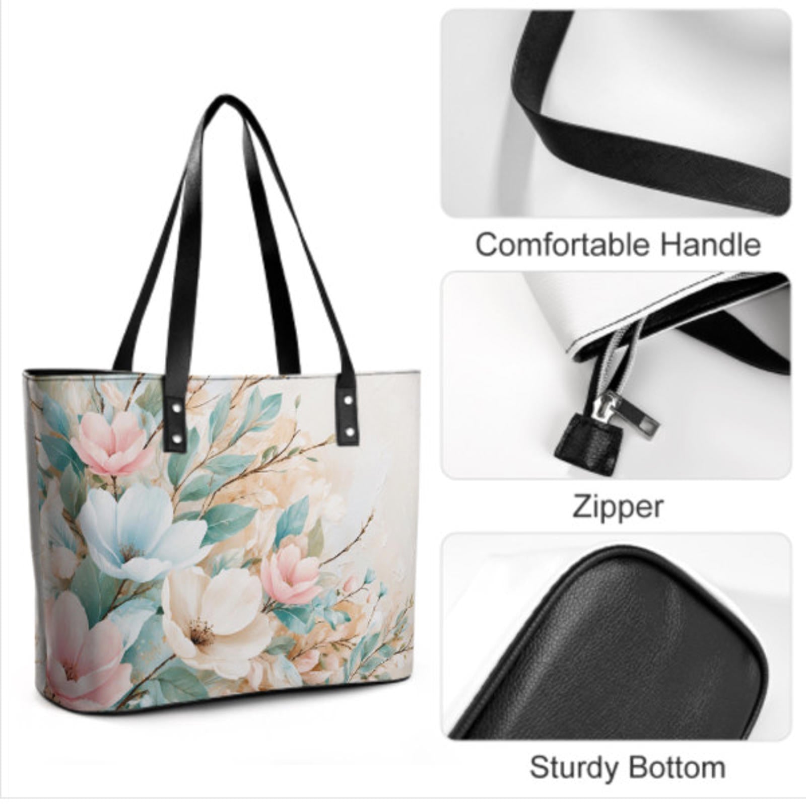 Custom Tote Hand Shoulder Bag 12 X 15 Spring Flowers Pastel Art Greens Beige Terrifictrend