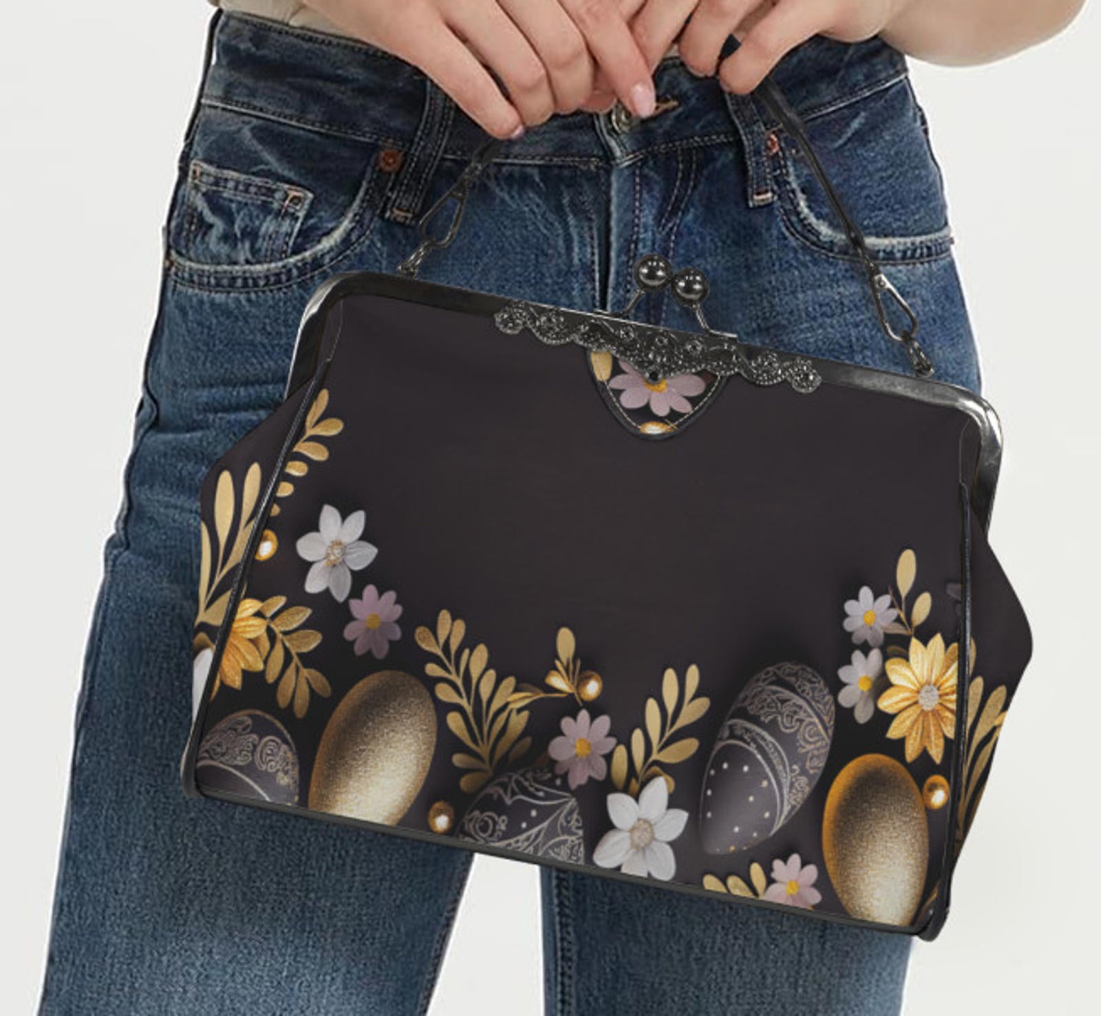 Glam Gold Black Glitter Spring Easter Egg Floral Shoulder Cross Body Bag Satchel Kisslock