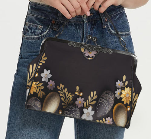 Glam Gold Black Glitter Spring Easter Egg Floral Shoulder Cross Body Bag Satchel Kisslock