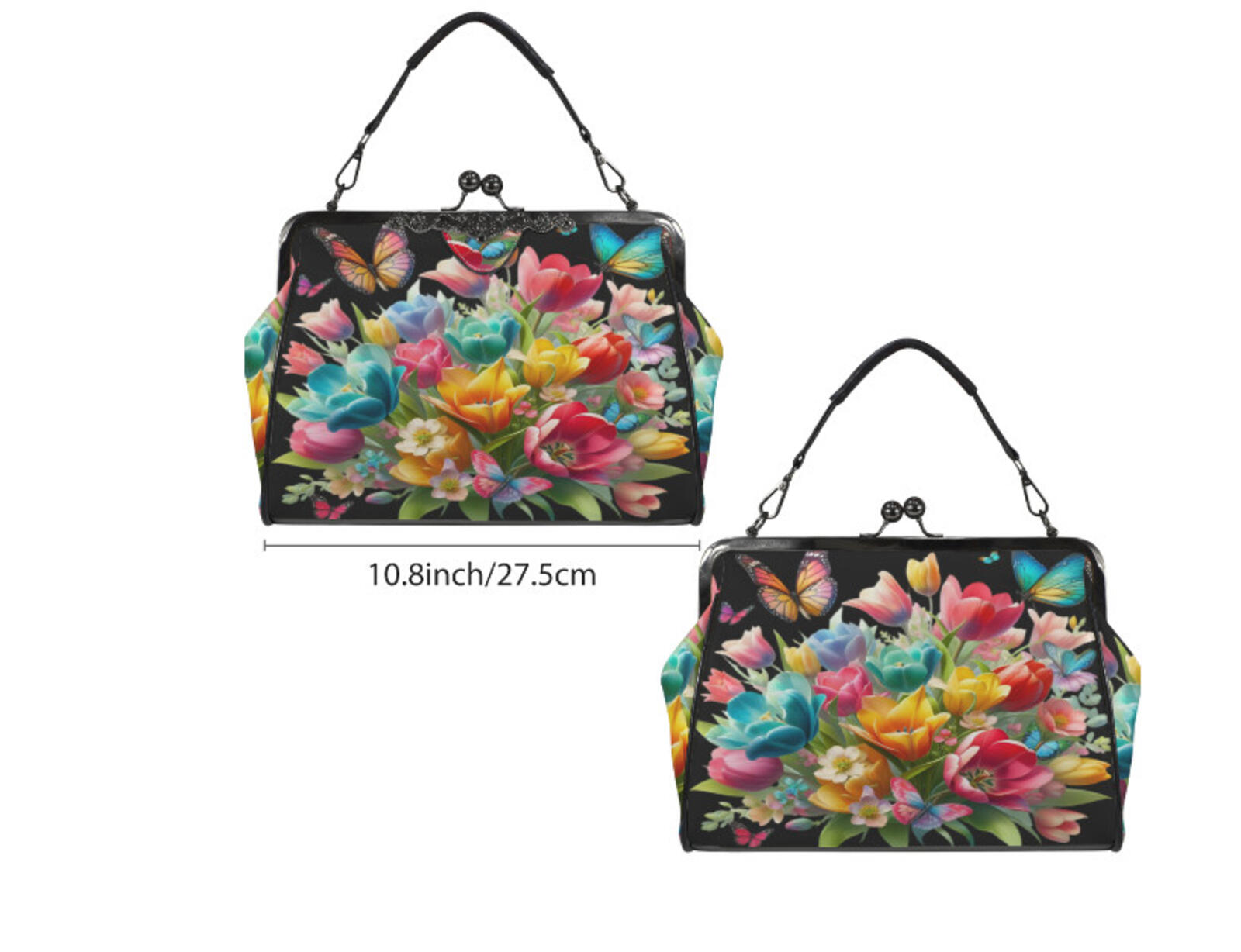 Black Multi Floral Butterfly Spring Mother's Day Shoulder Cross Body Bag Satchel Kisslock