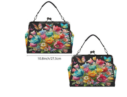 Black Multi Floral Butterfly Spring Mother's Day Shoulder Cross Body Bag Satchel Kisslock