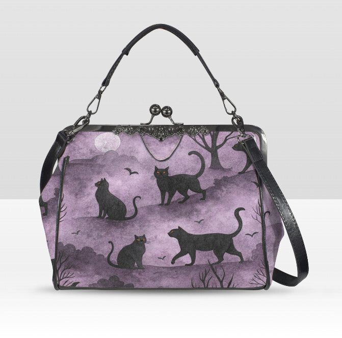 Purple Black Cat Spooky Fun Halloween Holiday SATCHEL or Cross Body Bag 10" x 8" Unbranded
