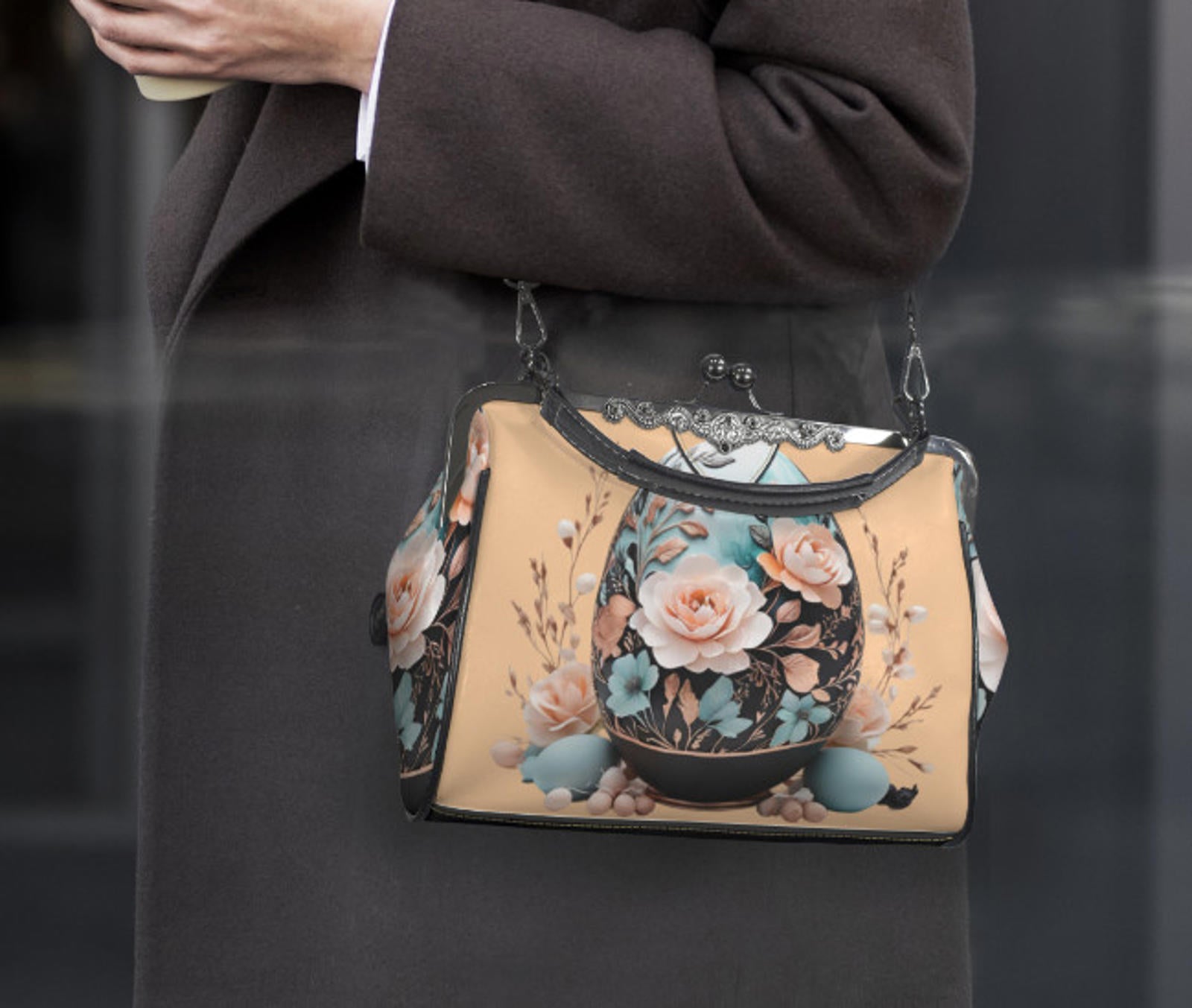 Elegant Floral Easter Egg Spring Art Design  Shoulder Cross Body Bag Satchel Kisslock