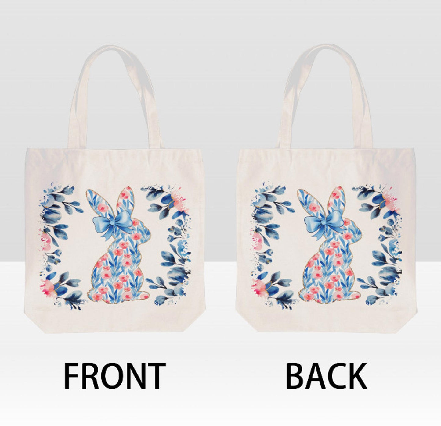 Easter Bunny Rabbit Pink Blue Spring Flowers Canvas Shoulder Tote Bag 15" X 15" TerrificTrend
