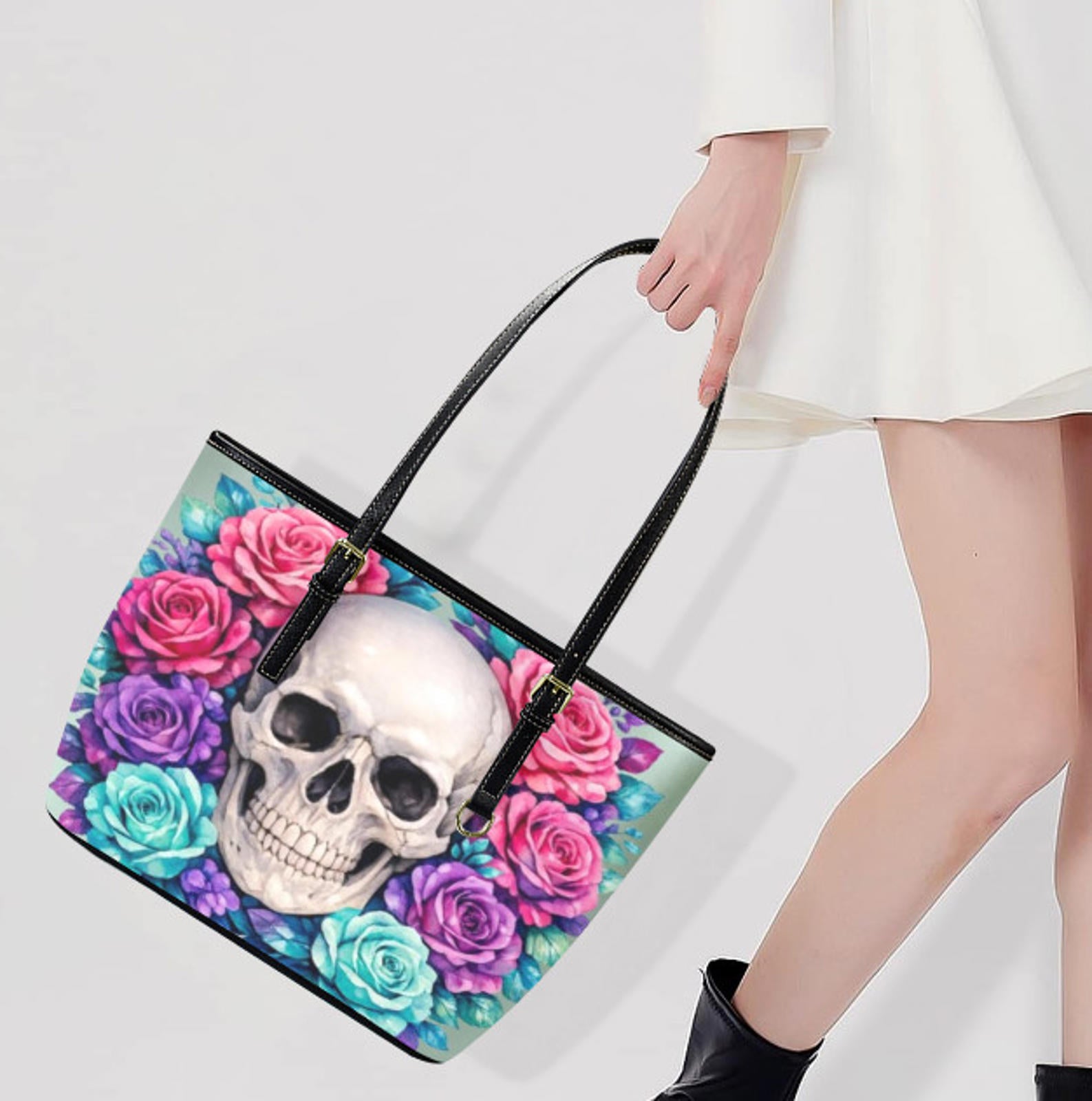 Custom Tote Hand Shoulder Bag 12 X 15 Happy Mothers Day Gothic Skull Flowers Terrifictrend