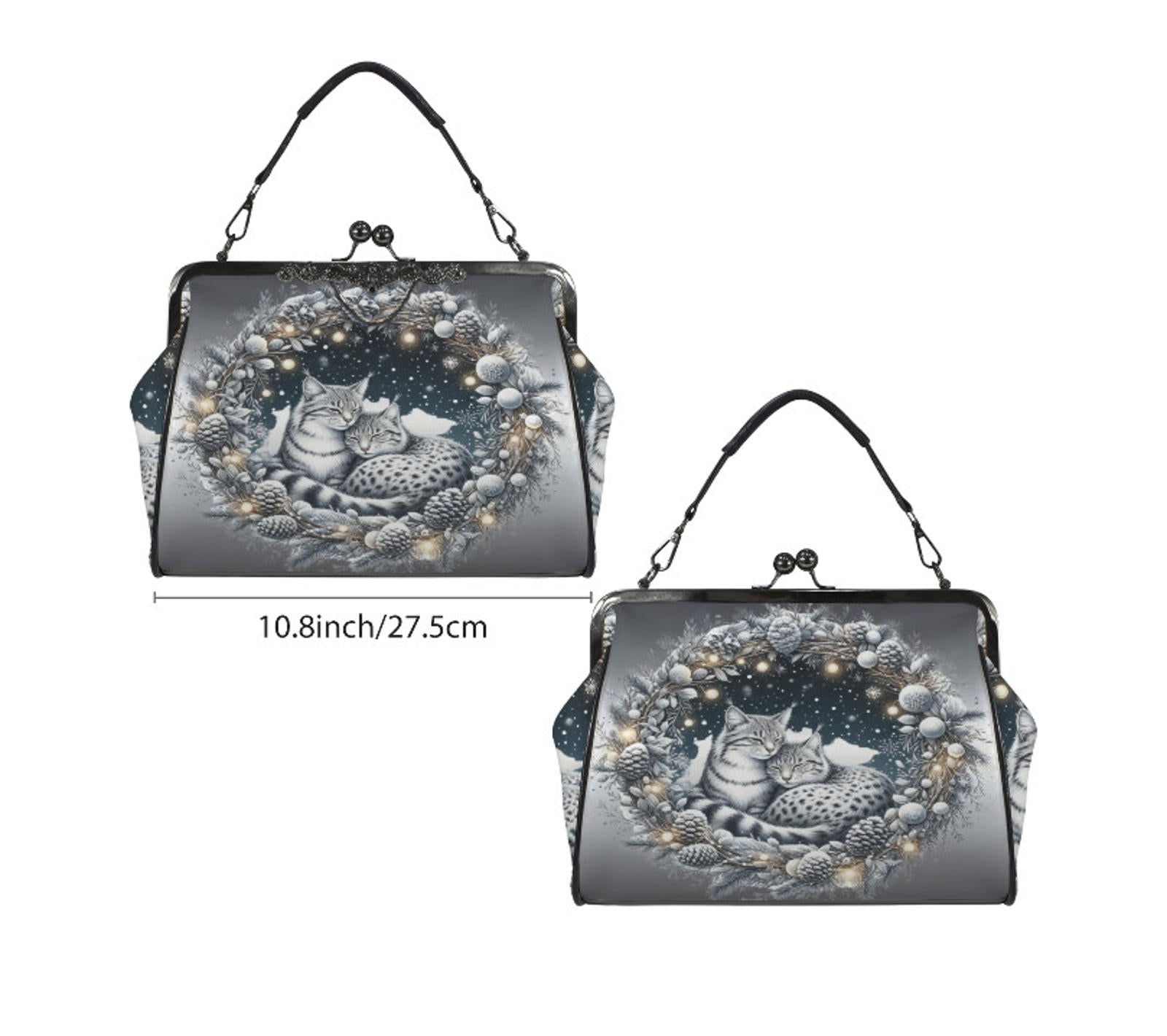 Silver Christmas Wreath Ocelots Holiday Shoulder Cross Body Hand Bag Satchel Kisslock