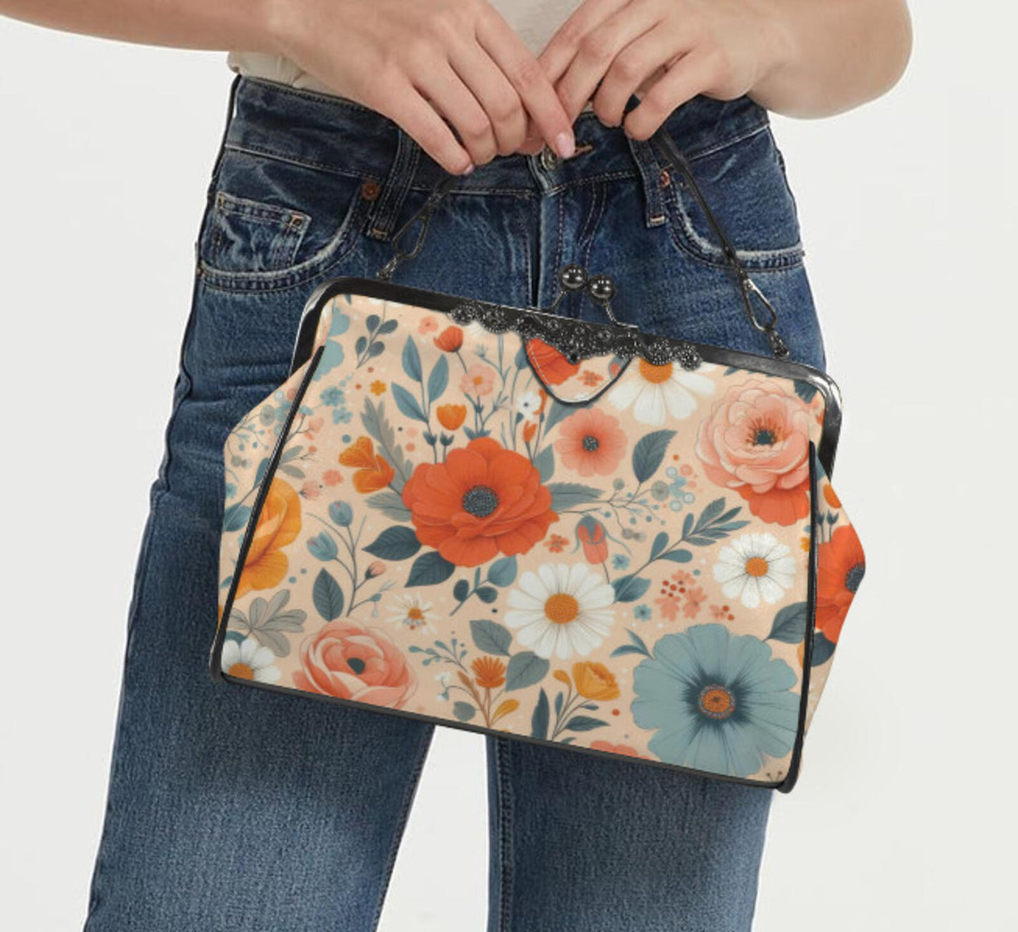 Peach Floral Flower Art Spring Mother's Day Shoulder Cross Body Bag Satchel NEW Kisslock