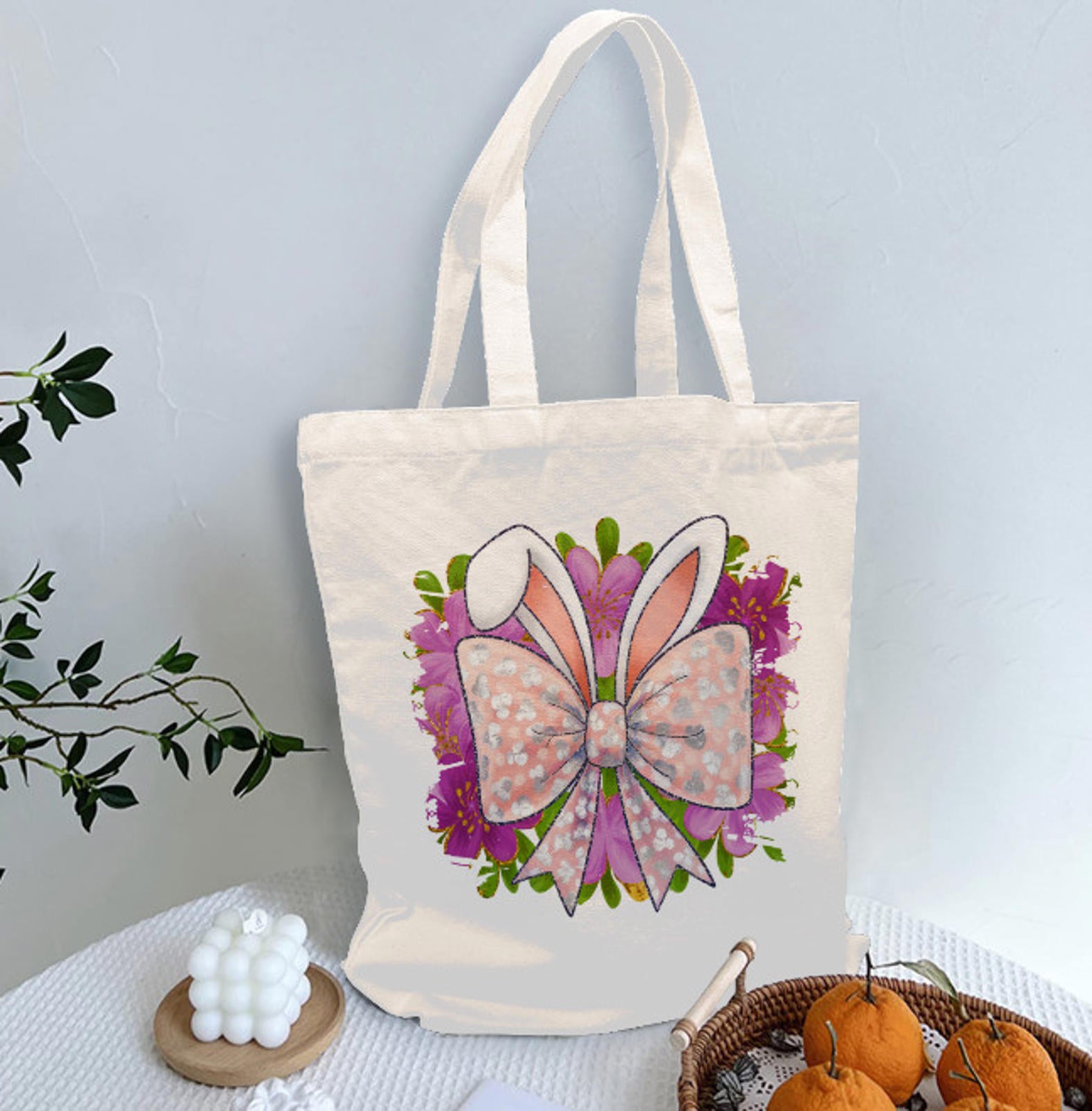 Easter Bunny Rabbit Ears Bow  Spring Flowers Canvas Shoulder Tote Bag 15" X 15" TerrificTrend