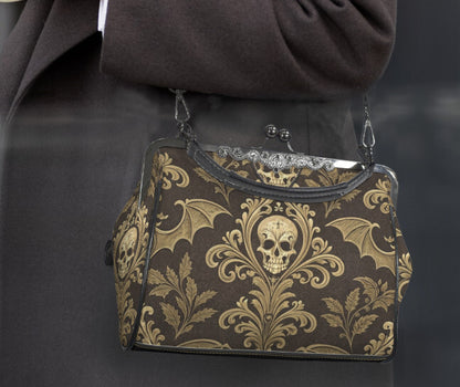 Gothic Baroque Skull Bat Halloween Shoulder Cross Body Bag Satchel Holiday Kisslock