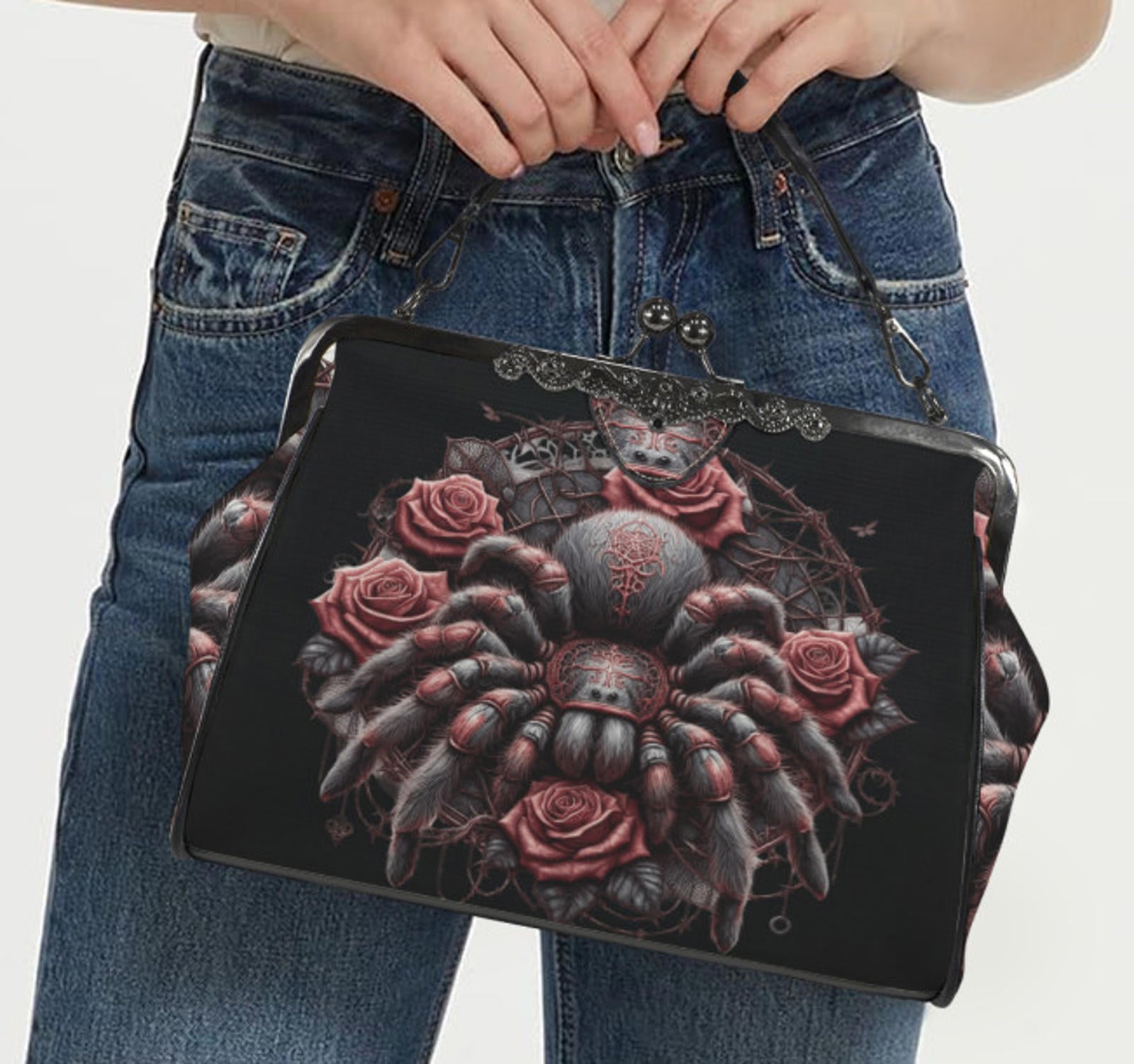 Dark Victorian Gothic Spider Black Widow Skull  Shoulder Cross Body Bag Satchel Kisslock