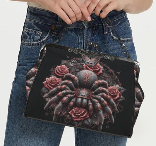 Dark Victorian Gothic Spider Black Widow Skull  Shoulder Cross Body Bag Satchel Kisslock