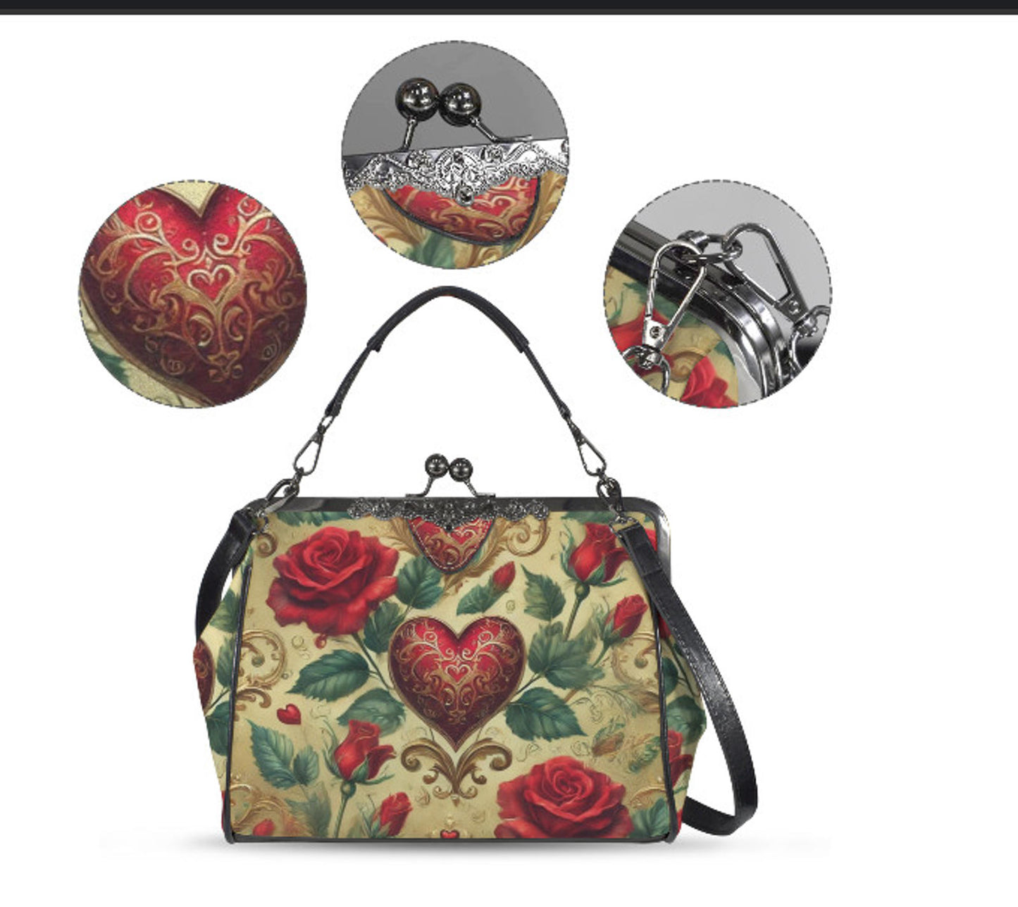 Victorian Heart Valentine's Day Red Rose  Shoulder Cross Body Hand Bag Satchel Kisslock