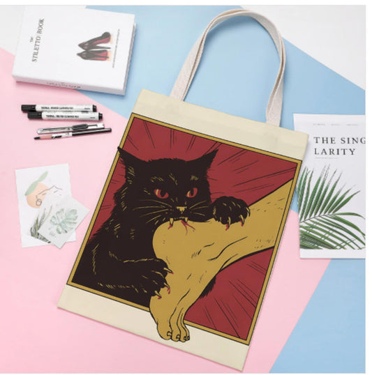 Japanese Horror Cat Art Reusable Recycled Tote Bag Print on 2 Sides 14 x 18 Terrifictrend