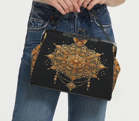 Gold Medallion Ornament Shoulder Cross Body Bag Satchel Holiday Gift Kisslock