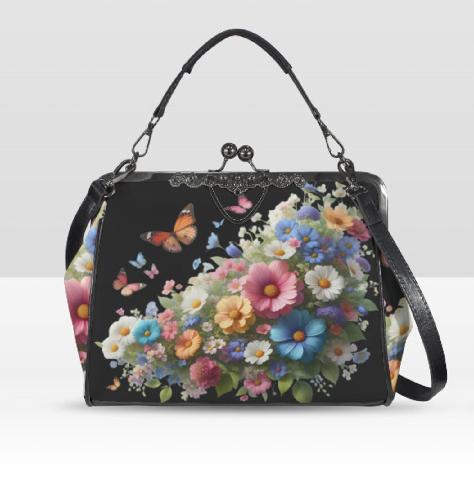 Black Multi Floral Butterfly Spring Mother's Day Shoulder Cross Body Bag Satchel Kisslock