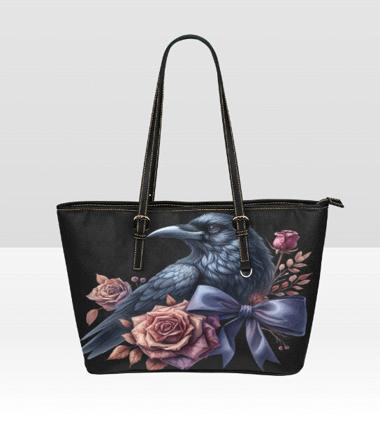 Custom Tote Hand Shoulder Bag 12 X 15 Gothic Crow Purple Pink Flowers Halloween Terrifictrend