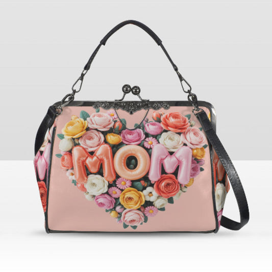 Peach Pink Mom Rose Heart Spring Mother's Day Shoulder Cross Body Bag Satchel Kisslock