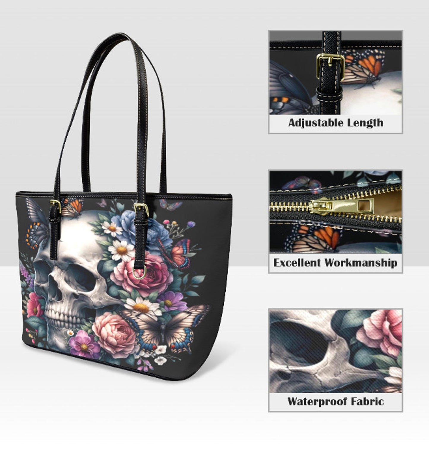 Custom Tote Hand Shoulder Bag 12 X 15 Gothic Floral Butterfly Rose Skull Gift Terrifictrend