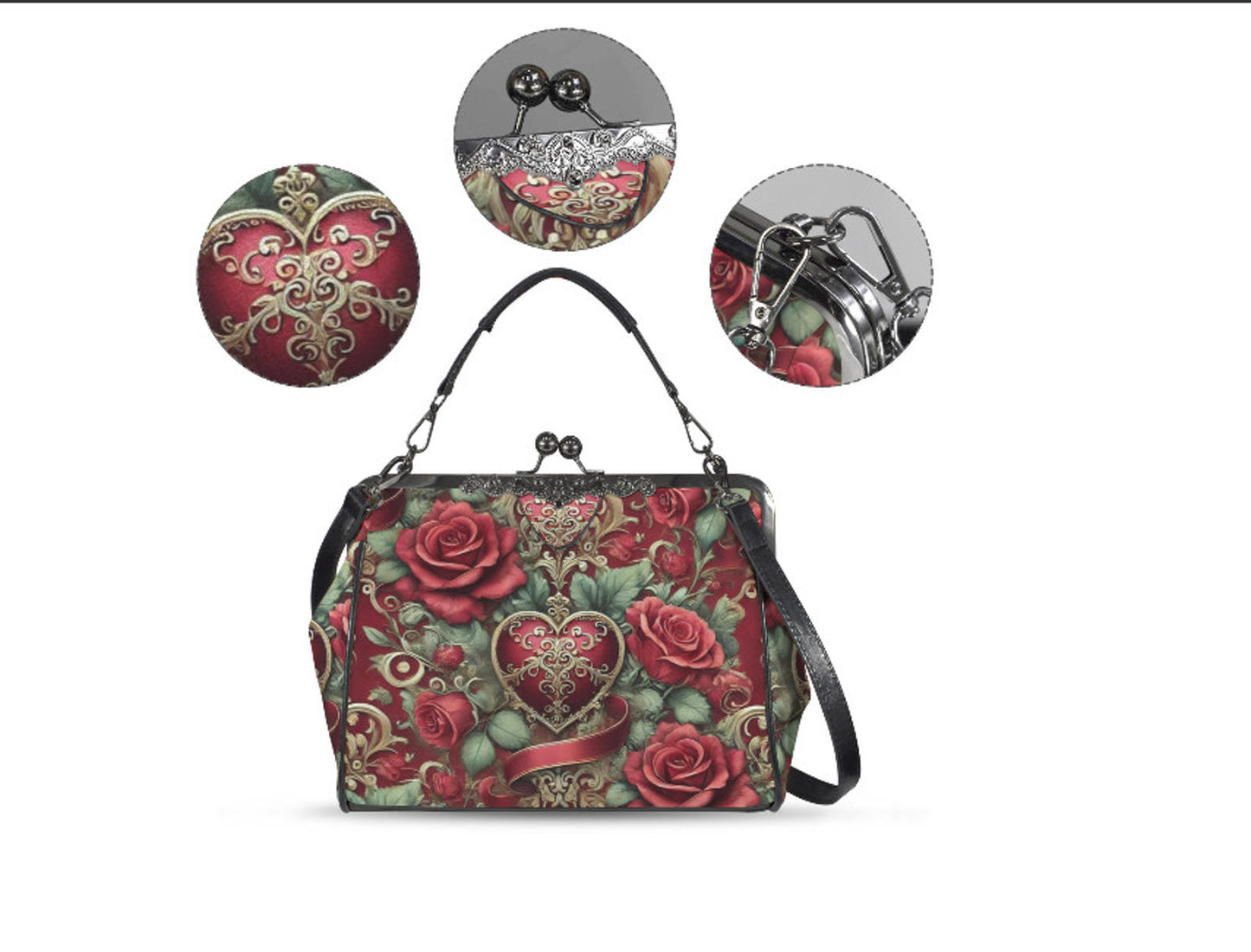 Victorian Heart Valentine's Day Red Rose  Shoulder Cross Body Hand Bag Satchel Kisslock