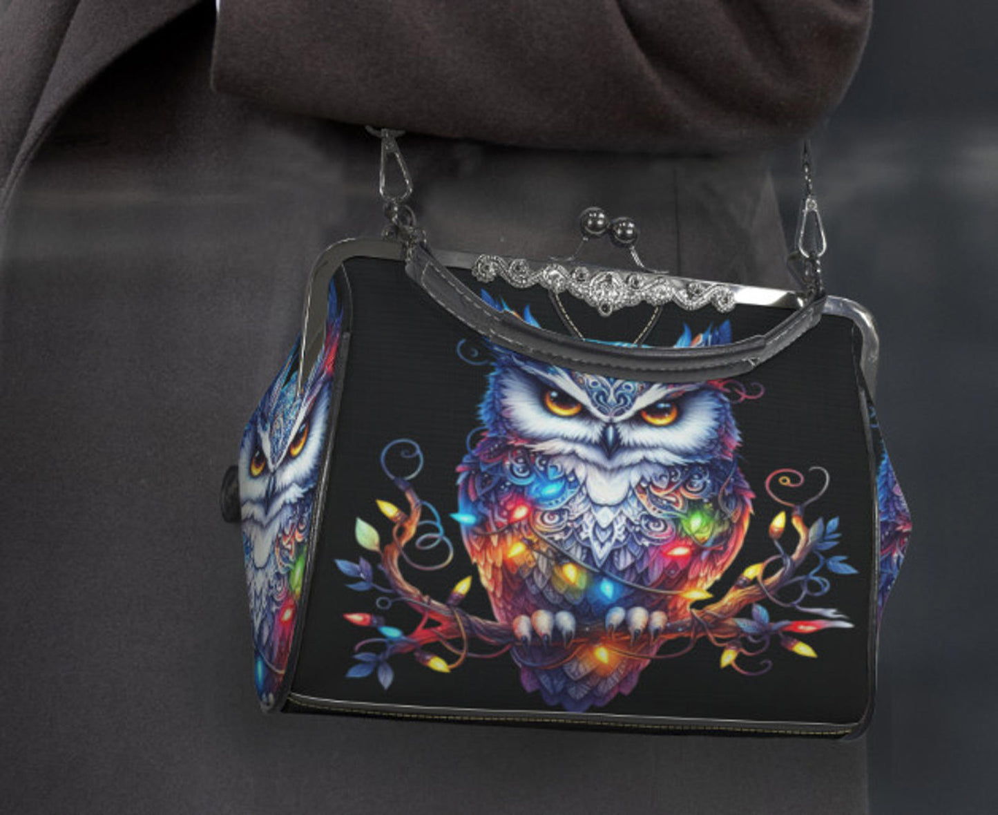 Gothic Victorian Christmas Owl w/Lights  Holiday Shoulder Cross Body Bag Satchel Kisslock