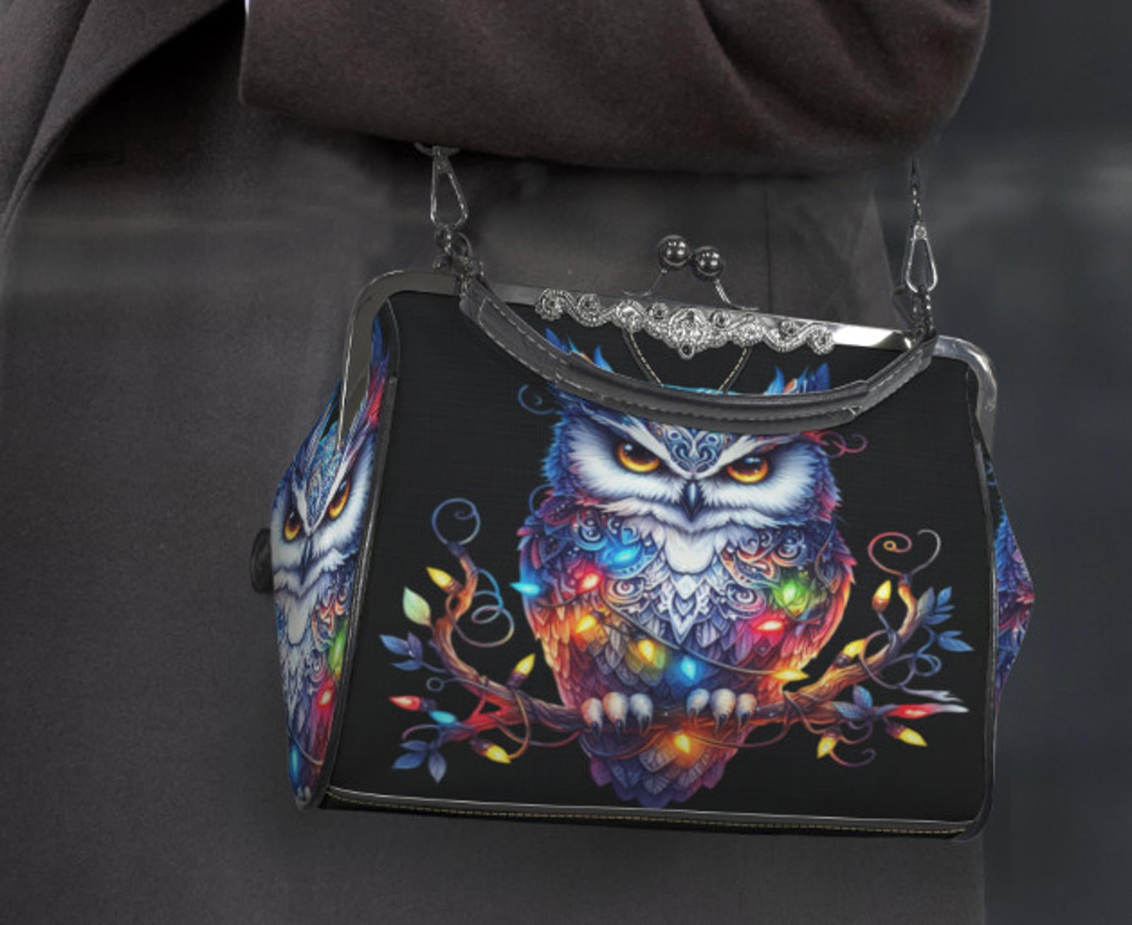 Gothic Victorian Christmas Owl w/Lights  Holiday Shoulder Cross Body Bag Satchel Kisslock