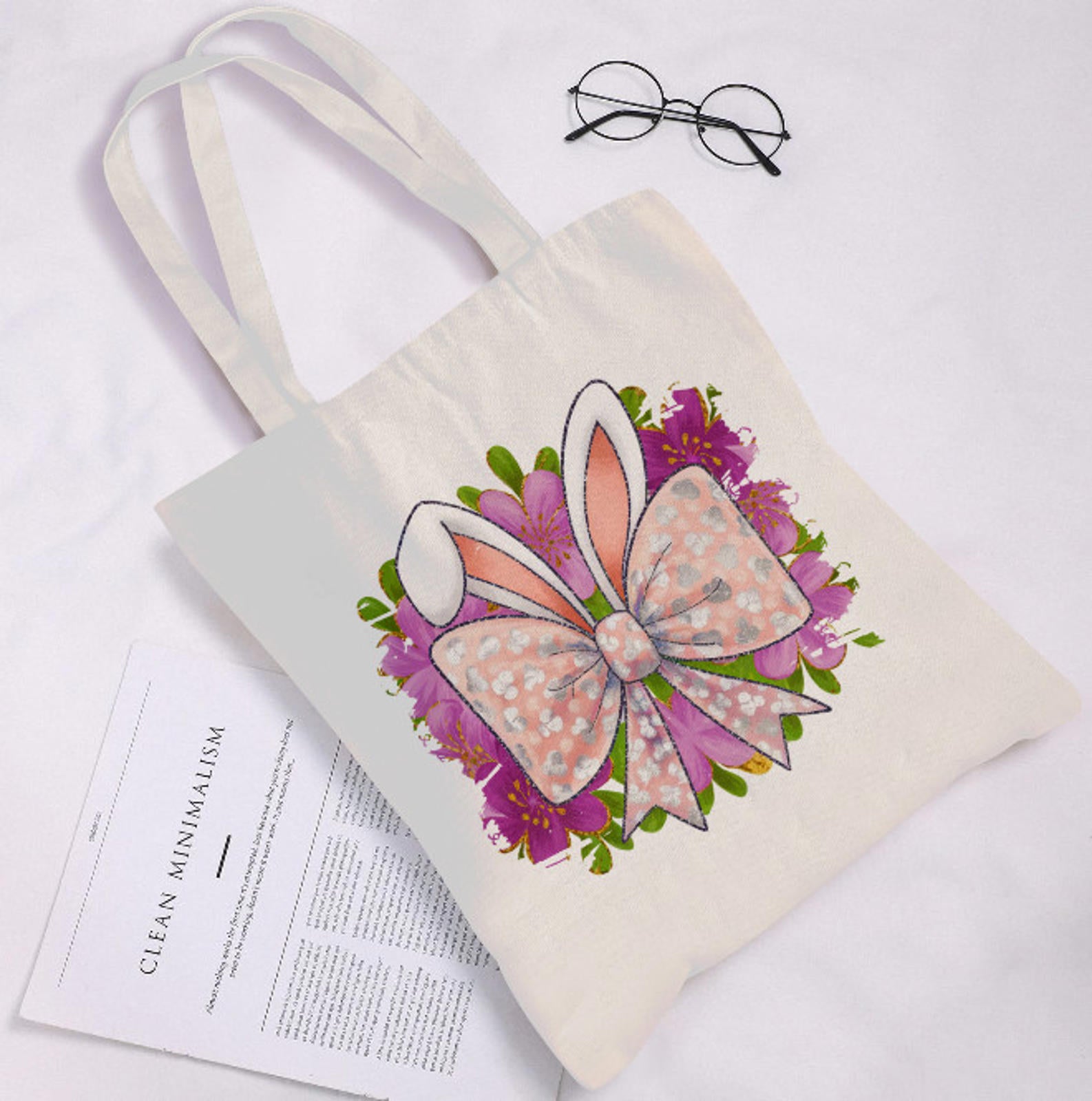 Easter Bunny Rabbit Ears Bow  Spring Flowers Canvas Shoulder Tote Bag 15" X 15" TerrificTrend